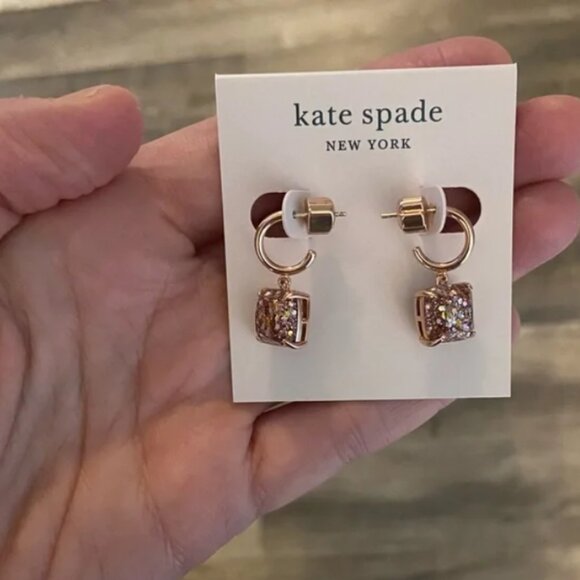 Kate Spade NEW Mini Square Rose Gold Color Glitter Earrings - Picture 3 of 5
